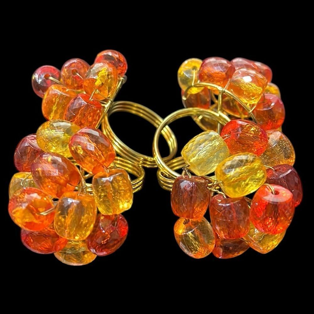 Pier 1 Napkin Rings Set of 4 Orange Yellow Beaded Gold Tone Fall Table Decor